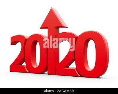 2020 Rouge avec flèche vers le haut isolé sur fond blanc, représente la croissance de la nouvelle année 2020, le rendu en trois dimensions, 3D illustration Banque D'Images