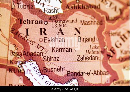 Gros plan du pays iranien sur la carte Banque D'Images