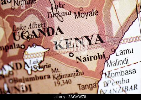 Gros plan du pays du Kenya sur la carte Banque D'Images