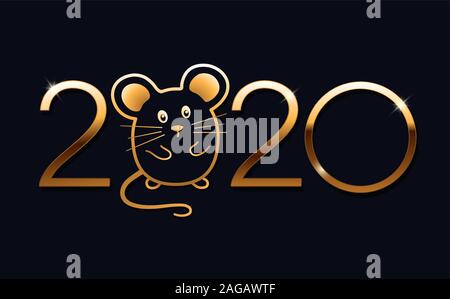 Bonne année 2020 texte du logo design. Modèle de conception de brochure, calendrier, carte, la bannière. Année du rat selon le calendrier oriental. Vector illu Illustration de Vecteur