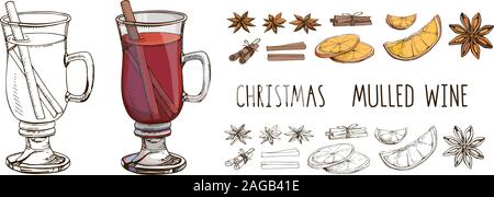 Vin chaud avec épices et tranches d'orange. Ensemble d'images vectorielles colorées et de lettres modernes isolées sur du blanc. Hiver. Boisson de Noël populaire Illustration de Vecteur