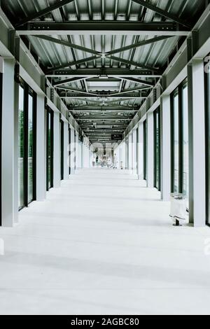 Vue verticale d'un couloir blanc avec portes vitrées et un plafond en métal dans un bâtiment moderne Banque D'Images