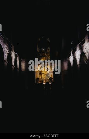 Vue verticale du couloir dans un ancien bâtiment sombre avec mur en forme de arche et statues dorées Banque D'Images