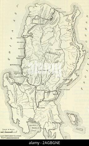 . Examen des évaluations et de travail du monde. )Ris("ii. 218 Le mensuel américain REl/HEyiElVS IEW DE.. Avec la permission de oiMcCliires Magazine. Carte DE LA PARTIE NORD DE L'île de Luzon, MONTRANT THEROUTE SUIVIE PAR LE LIEUTENANT-COMMANDANT GILLMORE. Aguinaldos capital a été une ville bien construite, avec des rues et de nombreux bâtiments en briques,un peu comme une ville européenne de 8 000 ou 10 000 habitants. La maison occupée par le chef de l'insurgé familyof a été signalé, butwe ne l'ont pas vu ; et comme nous avons été verrouillé upall l'époque, bien sûr nous n'avions pas toascertain occasion quelle sorte d'une organisation gouvernementale Banque D'Images