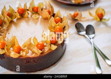 Ensemble, fraîchement sorti du New York cheesecake garnie de physalis sur un fond coloré Banque D'Images