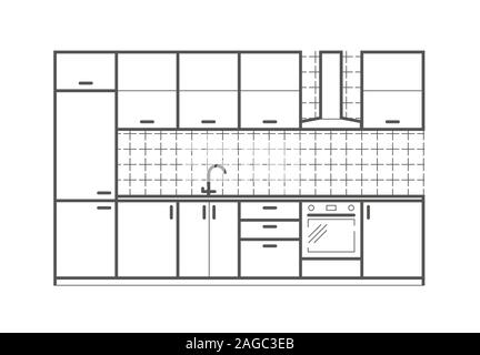 Meubles de cuisine Vue de face dans le style linéaire. Illustration vecteur de l'intérieur Illustration de Vecteur