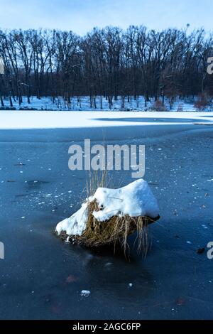 Plan vertical d'un morceau de bois recouvert de neige dans le lac gelé de Maksimir, Zagreb, Croatie Banque D'Images