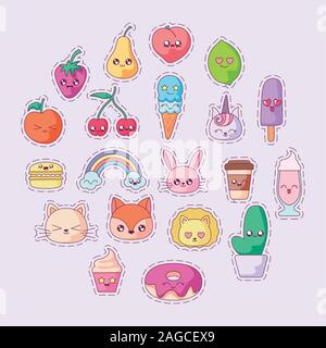 Dessins animés icon set design, expression Kawaii mignon petit personnage drôle et thème d'émoticônes Vector illustration Illustration de Vecteur