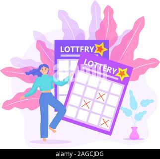 Billet de loterie, lotto, femme jouant de l'icône win style plat. Vector illustration Illustration de Vecteur