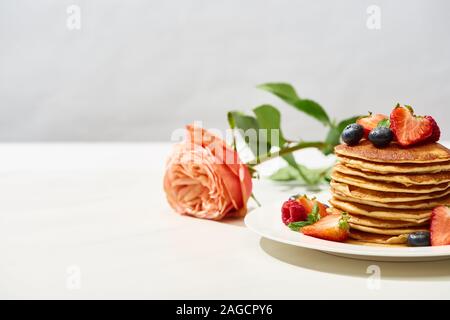 Focus sélectif de délicieuses crêpes aux bleuets et fraises sur la plaque près de rose sur la surface blanche isolé sur gray Banque D'Images