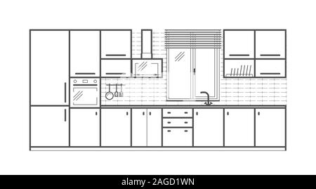 Meubles de cuisine Vue de face dans le style linéaire. Vector illustration Illustration de Vecteur