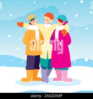 Groupe de personnes avec des vêtements d'hiver dans un paysage de neige avec vector illustration design Illustration de Vecteur