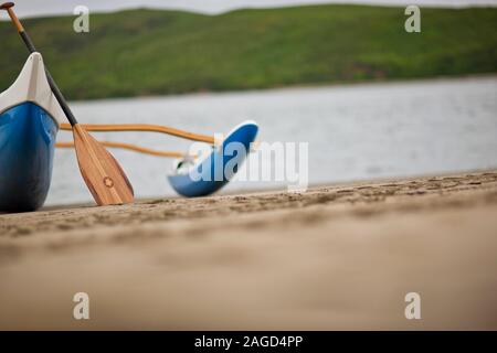 Paddle appuyé contre un canoë assis sur le sable à proximité d'un lac. Banque D'Images