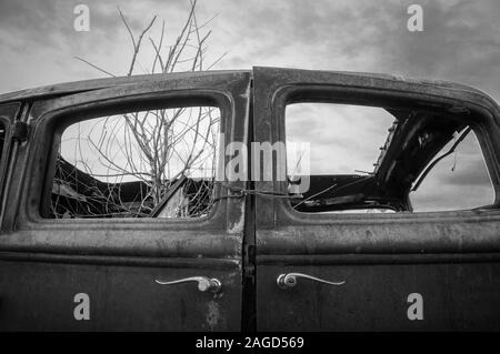 Prise de vue en niveaux de gris de branches d'arbre sèches dans une voiture d'époque sous le ciel sombre Banque D'Images