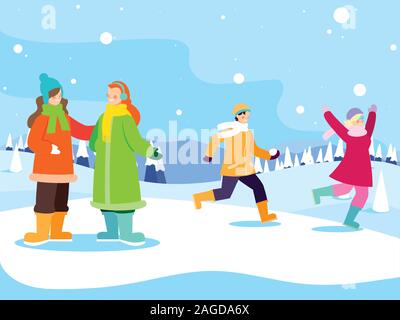 Groupe de personnes avec des vêtements d'hiver dans un paysage de neige avec vector illustration design Illustration de Vecteur