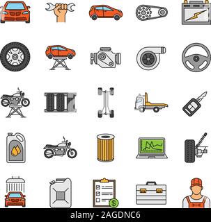 Atelier Auto color icons set. Service de voiture. Instruments, équipements et pièces de rechange. Illustrations vectorielles Illustration de Vecteur