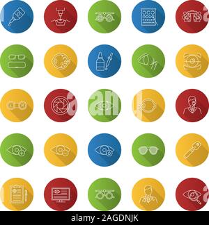 Ophtalmologie télévision long shadow linéaire icons set. L'optométrie. Examen de la vue et de l'équipement de traitement. Contour Vector illustration Illustration de Vecteur