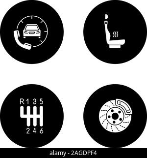 Atelier Auto glyphe icons set. Location avec piscine chauffée, combiné, siège de voiture, levier frein à disque. Vector silhouettes blanc illustrations de cercles noirs Illustration de Vecteur