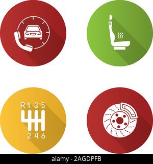 Atelier auto modèle plat long shadow glyphe icons set. Location avec piscine chauffée, combiné, siège de voiture, levier frein à disque. Silhouette Vector illustration Illustration de Vecteur