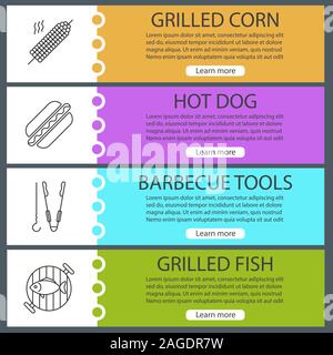 Modèles de page web Barbecue set. Couleur du site Menu avec icônes linéaire. Installations pour Barbecue. Maïs grillé, hot-dog, pinces et brochette, le poisson sur le gril grille. Vecto Illustration de Vecteur