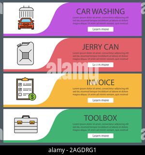 Modèles de page web atelier auto set. Le lavage de voitures, Jerry peut, facture, boîte à outils. Couleur du site Web d'éléments de menu. En-têtes Vector design concepts Illustration de Vecteur