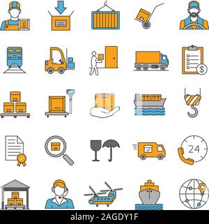 L'expédition de fret color icons set. Service de livraison. La terre, l'air et le transport par eau. Illustrations vectorielles Illustration de Vecteur