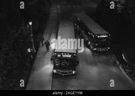 PORTLAND, États-unis - Nov 23, 2019 : un coup d'échelle de gris de l'angle de deux autobus dans les rues de Portland capturés la nuit Banque D'Images