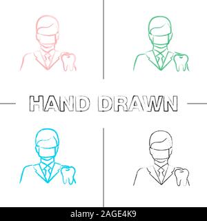 Dentiste hand drawn icons set. Un spécialiste dentaire. L'homme en chirurgie, masque de visage avec la dent. Couleur Stomatologist coup de pinceau. Illus vectorielles sketchy Illustration de Vecteur