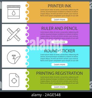 Modèles de page web d'impression définie. L'encre de l'imprimante, règle et crayon, autocollant rond, l'impression de l'enregistrement. Couleur du site Menu avec icônes linéaire. Ve Illustration de Vecteur