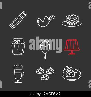 Chalk confiserie icons set. Chewing-gum stick, fortune cookie, tiramisu, de confiture de fraise, de chocolat, au lait, café, fruits, meringues. La norme iso Illustration de Vecteur