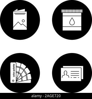 Glyphe d'impression icons set. La polygraphie et typographie. Brochure, palette de couleurs d'encre des cartouches, guide, cartes d'affaires. Vector silhouettes blanches illustrati Illustration de Vecteur