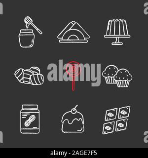 Chalk confiserie icons set. Pot de miel, gelée au lait, serviettes de table, guimauve, lollipop, cupcakes, beurre de cacahuètes, panna cotta, baklava. Isolé Illustration de Vecteur