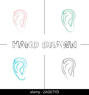 Piercing hélix hoop hand drawn icons set. Pierced oreille cartilage. Coup de pinceau de couleur. Illustrations vectorielles sketchy Illustration de Vecteur