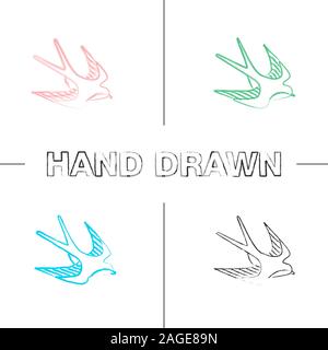 Swallow bird hand drawn icons set. Le tatouage de marin croquis. Coup de pinceau de couleur. Illustrations vectorielles sketchy Illustration de Vecteur