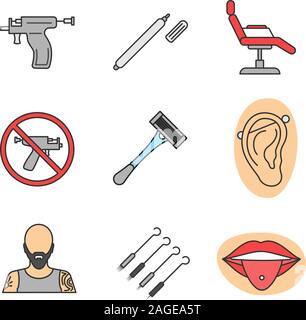 Tattoo studio color icons set. Service de piercing. Surligneur, président de tatouage piercing, interdiction des armes à feu, couteaux, pierced oreille et de la langue, tatoueur, l'encre ne Illustration de Vecteur