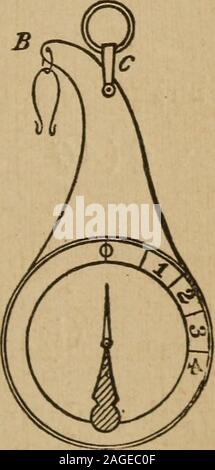 . Un manuel de mécanique élémentaire, pour l'utilisation des collèges et écoles. Fig. Anneau de 140 à l'appuyer à C. Lorsque le steelyard est turnedover et appuyé sur C, le poids a un bras de levier plus court, et par conséquent, le poids reste le même, avec ce deuxième diplôme theinstrument weightsthan est adapté pour les plus grosses dans le premier cas. Une forme courante de l'steelyard est alsoseen dans le bureau de poste, où intervient theobject à peser est placé sur un plat-forme, et les diapositives de contrepoids du bras sur un diplôme. Une autre forme très simple d'balanceinvolving la même idée d'un varyingle Banque D'Images