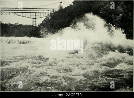 . Cutler's guide à Niagara Falls, et les points d'intérêt. ---. Le bain à remous,. La partie supérieure de la Whirlpool Rapids, beurré. vague bouscule la prochaine sur les gros rochers qui font le plus streama périlleux, et avec une intensité presque égale à celle de la partie supérieure des rapides. La photo a été source d'inspiration, et notto être oublié. Trois cents pieds au-dessus, sont d'être vu thegrotesque faces de la pierre, semblant menacer tfie adventur-ous ceux ci-dessous ; à côté de la voie ferrée les eaux s'en mousse, et au-delà, la rive canadienne, moins raide, et couvert toutes les espèces connues d'withnearly Banque D'Images