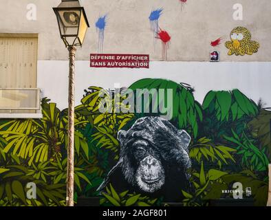 Close-up d'un mur couvert de graffitis par les artistes de rue Bricedu et Paddy dans Le Marais Quartier historique dans le 3ème arrondissement, Paris, France Banque D'Images