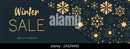 Vente offre spéciale Nouvel An bannière de luxe de couleur or avec des boules de Noël, des étoiles et des flocons sur fond noir. Réduction jusqu'à 50 % de réduction. Vecteur. Illustration de Vecteur