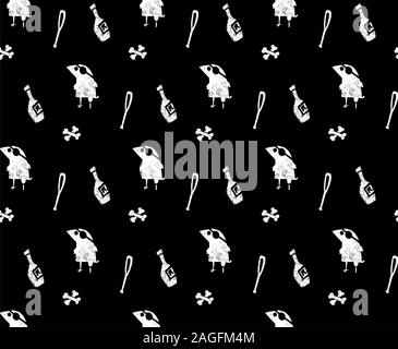 Bouteille de rhum pirate Crow os noir et blanc motif transparent. Vector illustration monochrome8 EPS Illustration de Vecteur