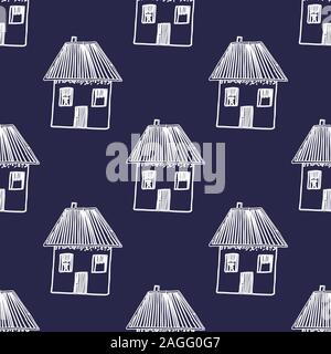 Dessiner à main motif couleur blanc bleu maisons Illustration de Vecteur