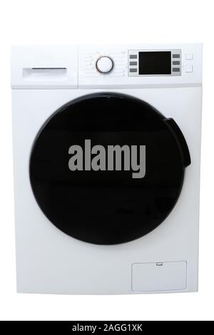 Machine à laver moderne avec porte noire et l'écran du panneau de commande dans le boîtier métallique, isolé sur blanc libre Banque D'Images