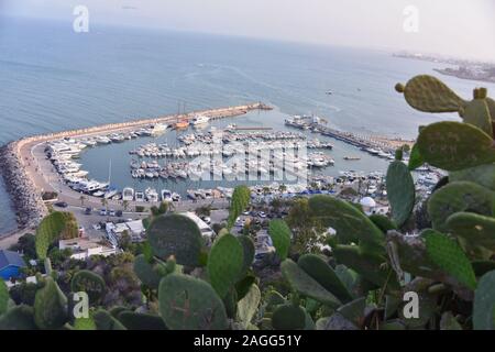 La côte pittoresque de Sidi Bou Said avec le Grand Haven, plein de yachts. Yachts et bateaux du port de Sidi Bou Said, Tunisie Banque D'Images