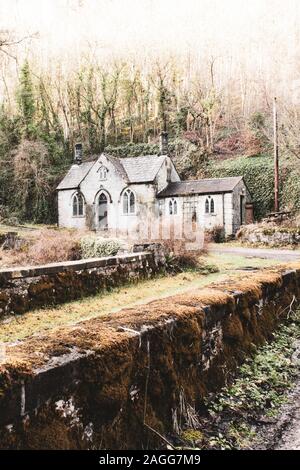 Une vieille maison abandonnée, spooky effrayant, de l'église dans les bois, situé dans le Derbyshire Peak District National Park, halloween, image de couverture de livre Banque D'Images