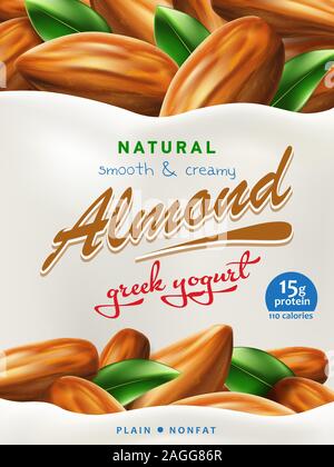 Yaourt grec naturel annonces ou de packaging. Illustration de la graisse nulle de produits laitiers sains d'amandiers prête pour stigmatiser Illustration de Vecteur