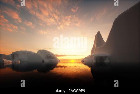 Les icebergs dans le coucher du soleil. Le rendu 3d. Banque D'Images