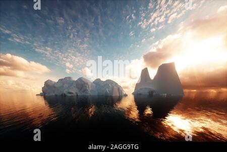 Les icebergs dans l'océan calme. Le rendu 3d. Banque D'Images