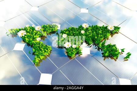 L'énergie durable - illustration 3d avec photovoltaïque leaf and flower continents. Banque D'Images