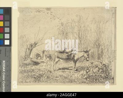 Clichés-verres par Daubigny, certaines imprimées en marche arrière, avec quelques croquis marginal. Les sujets incluent les aulnes, les ponts, les vaches, des daims, des ânes, des gués, de récolte, de chevaux, de nuit, animaux de bât, Pollard et arbres de moutons. Date à partir de Loys Delteil, le peintre-graveur illustre, c. XIII. Fait partie de Samuel Putnam Avery Collection. Don de Samuel Putnam Avery, 1900. Holdings contrôlés à l'exemplaire de Loys Delteil, le peintre-graveur illustre, c. 13. S.P. Avery Collection. Titre conçu par cataloger. Citation/Référence : D143 ; L'âne au pré Banque D'Images