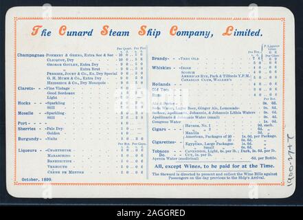 Pavillon des navires à vapeur EN HAUT DU MENU ; vin, spiritueux et PRIX LISTE DU TABAC SUR LE CÔTÉ OPPOSÉ ; 1900-2747 ; [Déjeuner tenu par] [at] CUNARD R.M.S. LUCANIA (SS) ; Banque D'Images